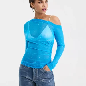 Women's Asymmetric Embellished Mesh Top, Macy's Exclusive