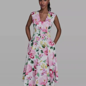 Women's Placed Floral V-Neck Midi Dress