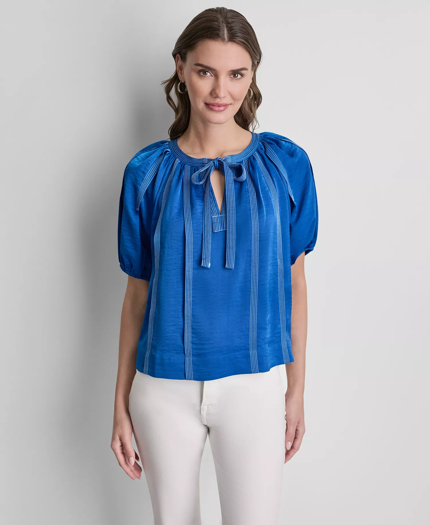 mni-5891822c739dc35dfe3ea5c182cc6af9 Women's Puff-Sleeve Top Stitch Tie-Front Top — изображение 4
