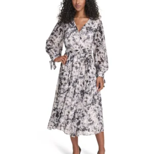 Petite Floral Long-Sleeve Midi Dress