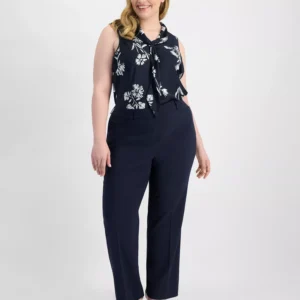 Plus Size Bird Eye Press-Pleat Straight-Leg Pants