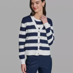 Women's Long-Sleeve V-Neck Sequin Striped Cardigan