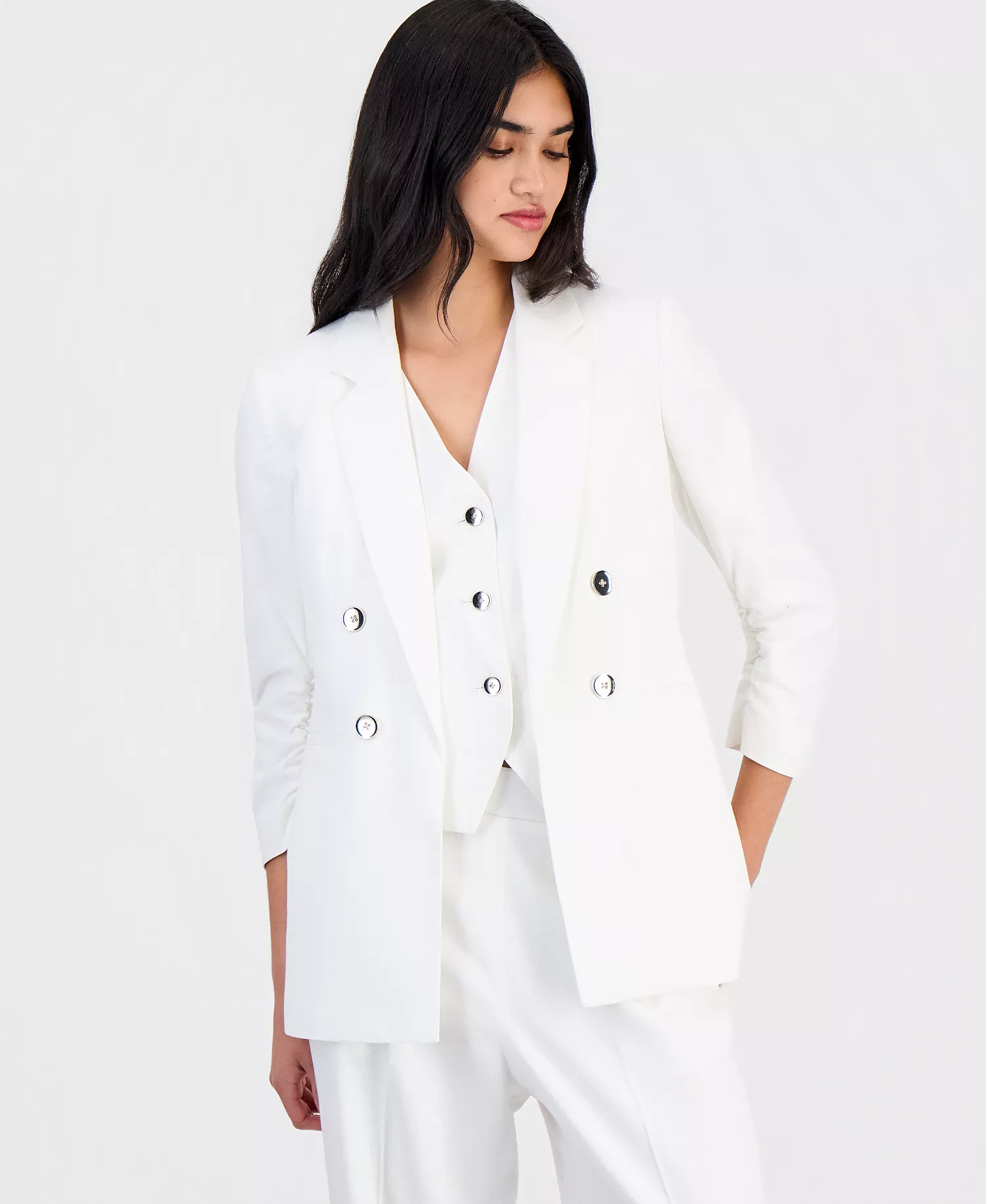 mni-5dd50c56010fb273fa91bf80b3b984ff Women's Linen-Blend Scrunch-Sleeve Blazer, Button-Front Vest & Pull-On Pants, Macy's Exclusive