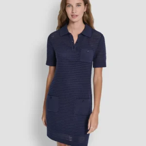 Women's Short-Sleeve Polo Collar Faux Crochet Stitch Short Dress