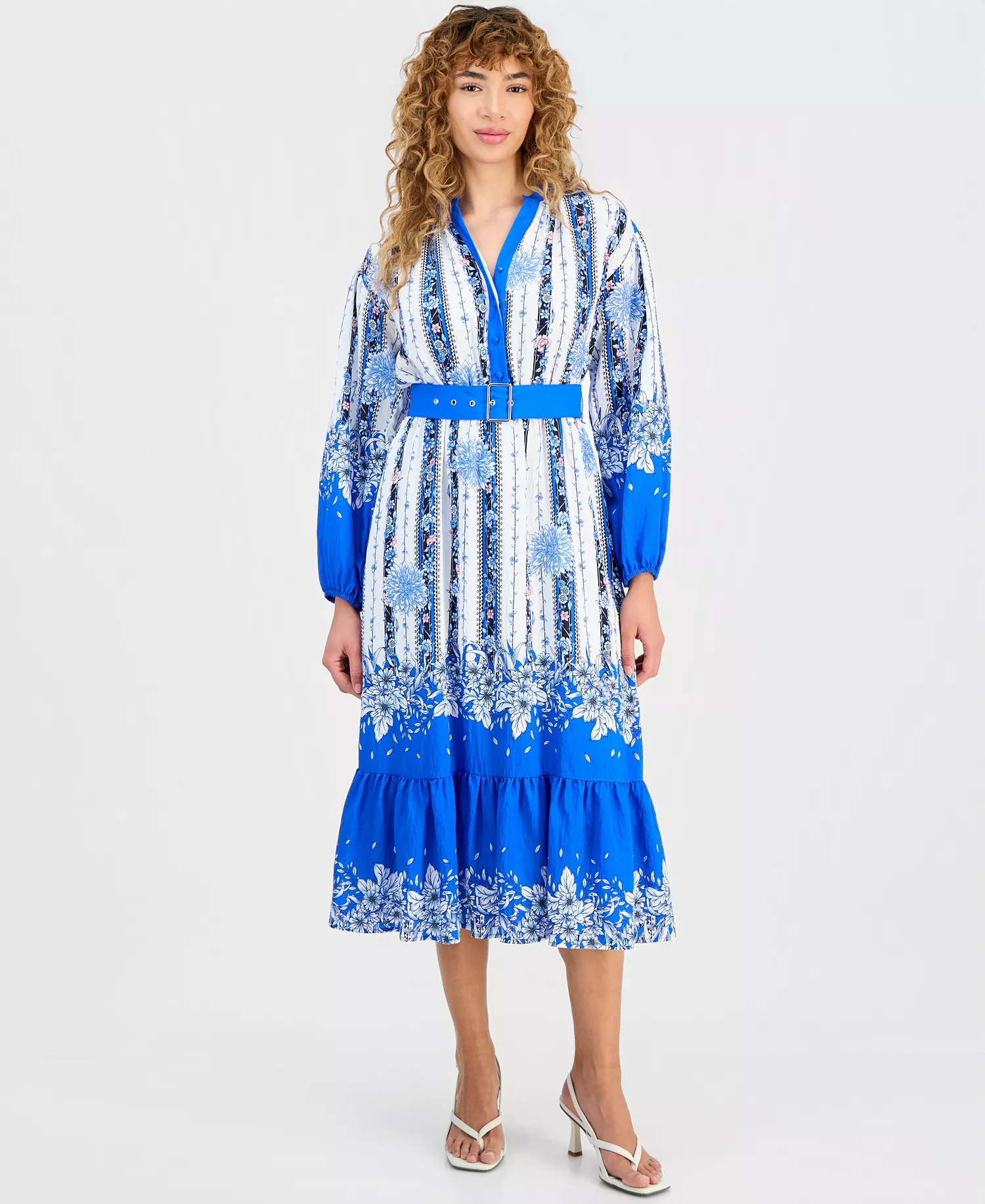 mni-5f79ef0739bde32bf4d9b0a9273ea4f3 Women's Floral Belted Half-Placket Dress