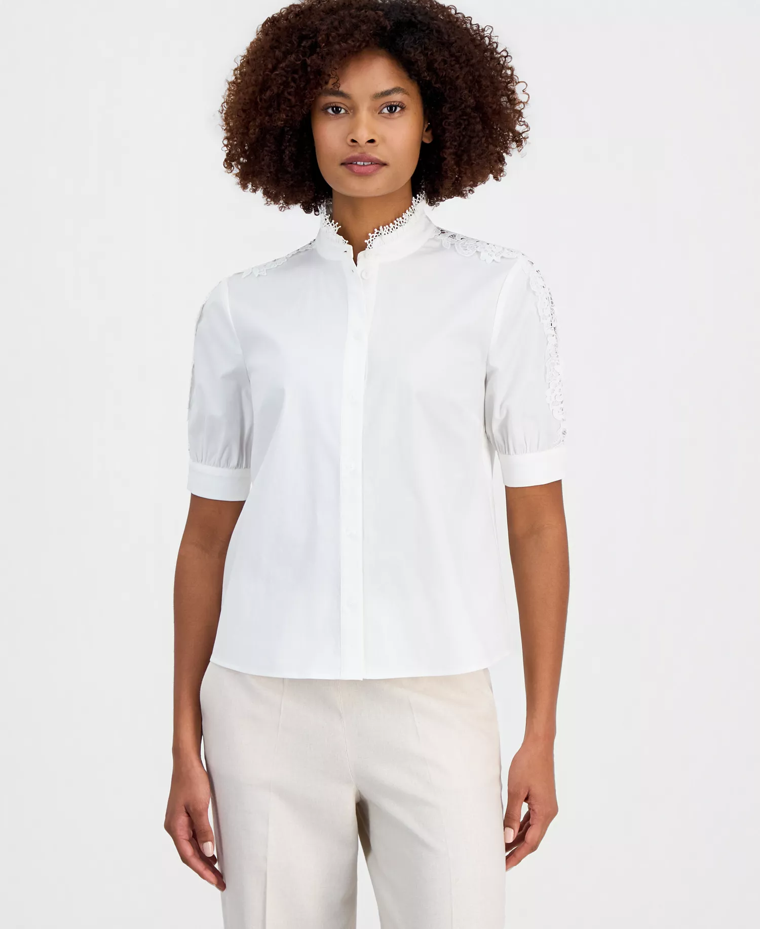 mni-602747ab2ca6e177f6bb058e935d9946 Women's Mandarin-Collar Lace-Trim Blouse