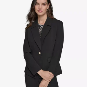 Women's Notched-Lapel Single-Button Blazer, Ruffled Rib-Knit Sleeveless Top & Pleated Button-Front Skirt