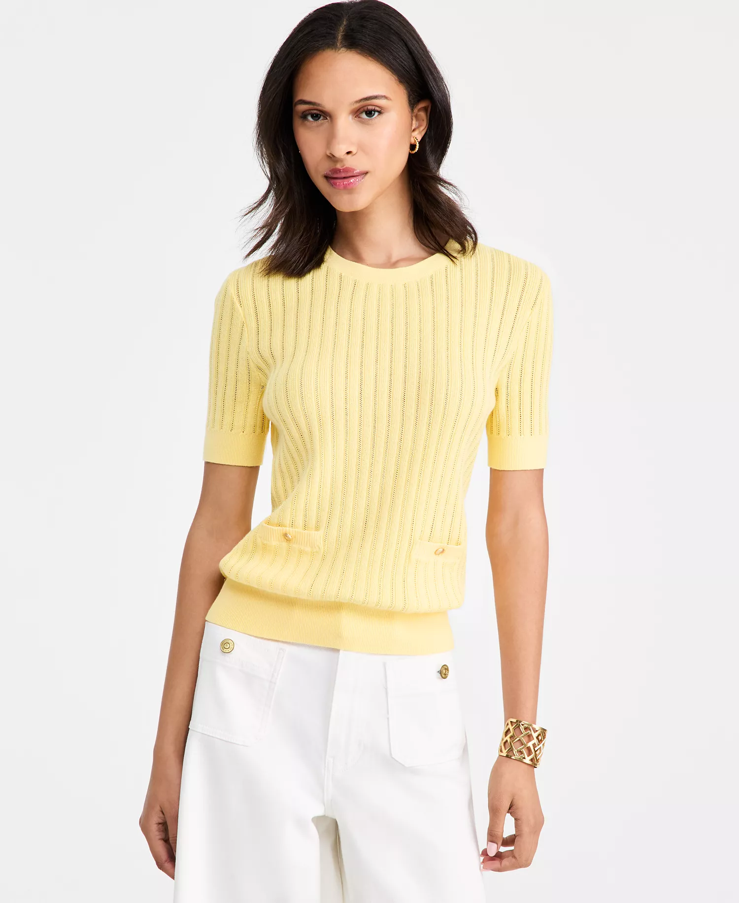 mni-62a6faa2328275416509181759840da6 Women's Pointelle Ribbed Short-Sleeve Sweater — изображение 4