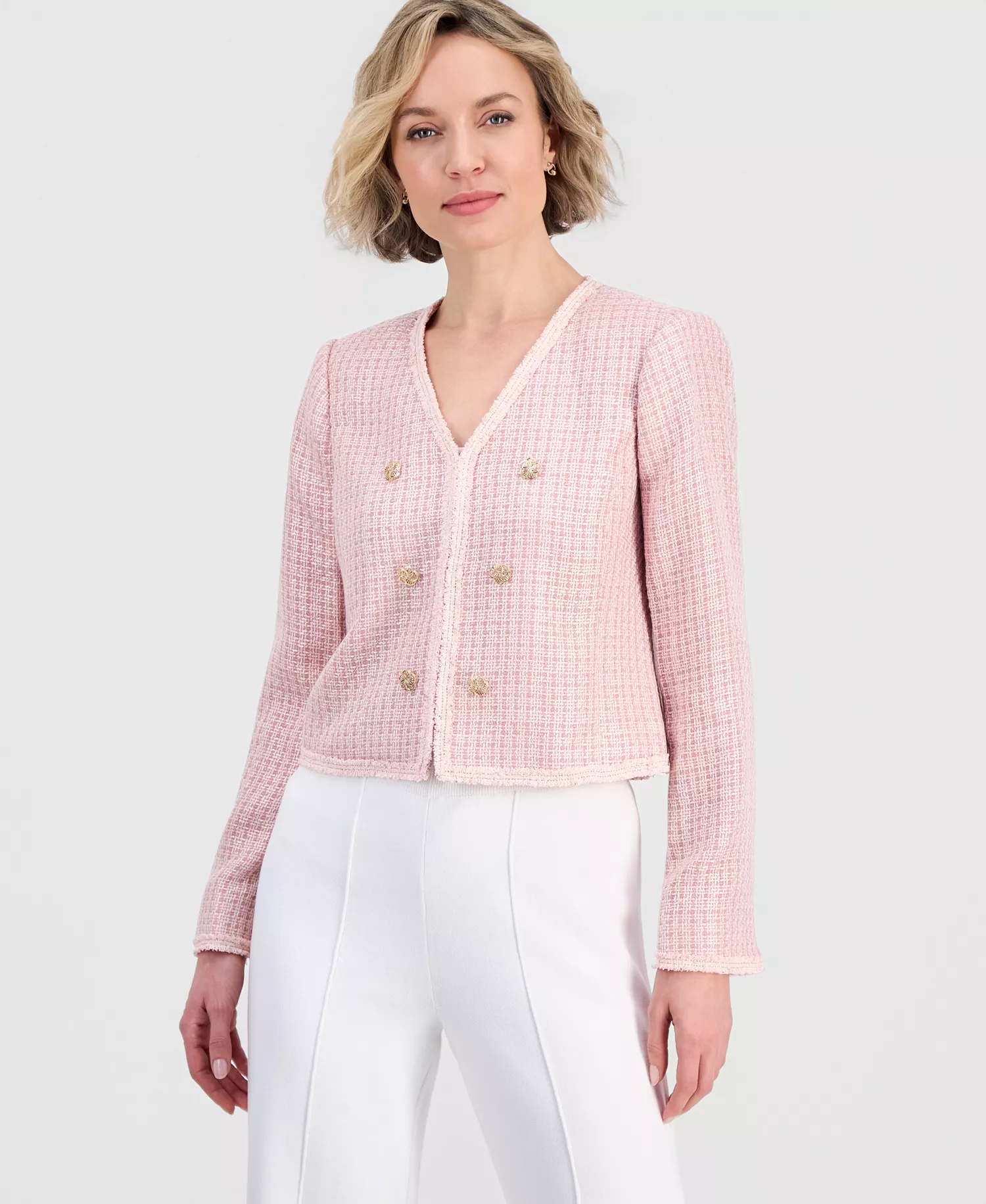 mni-63bee3771bc9da32357805f4ecf5edc3 Women's V-Neck Boucle-Knit Jacket