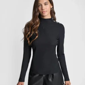 Women's Jewel Button Shoulder Mock Neck Long-Sleeve T-Shirt