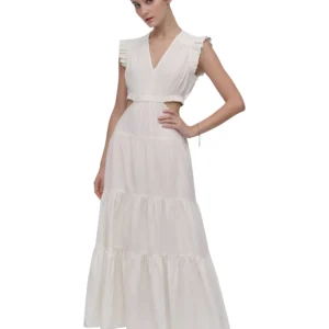 Women's Linen-Blend Tiered V-Neck Cutout Dress