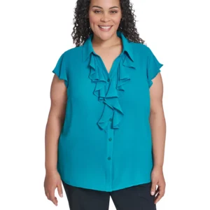 Plus Size Collared Neck Short-Sleeve Top