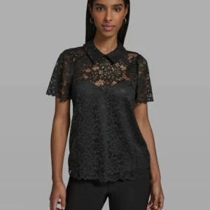 Women's Short-Sleeve Floral Lace Woven Blouse