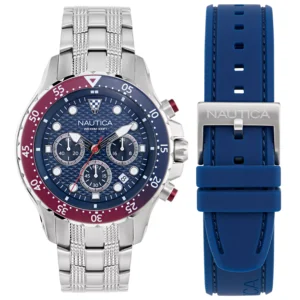 Men's Chronograph Silver-Tone Stainless Steel Watch Set, 44mm