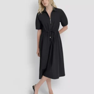 Women's Short-Sleeve Collar Zip Neck Midi Dress