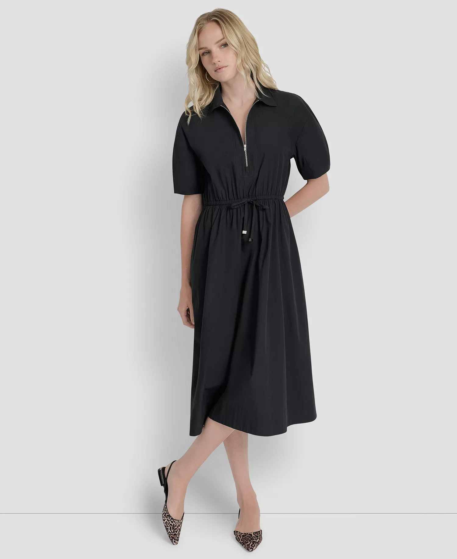 mni-6f85b0eea4ec01290979a96696baaee3 Women's Short-Sleeve Collar Zip Neck Midi Dress