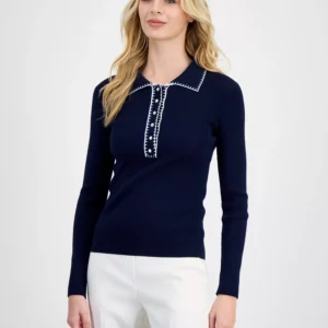 Women's Whipstitch Trim Ribbed Knit Sweater