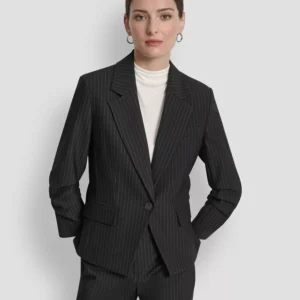 Women's Pinstripe Ruched-Sleeve One-Button Blazer