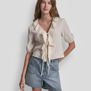 Women's V-Neck Short Puff-Sleeve Tie-Front Shirt