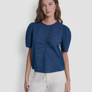 Petite Puff-Sleeve Crewneck Ruched Front Shirt