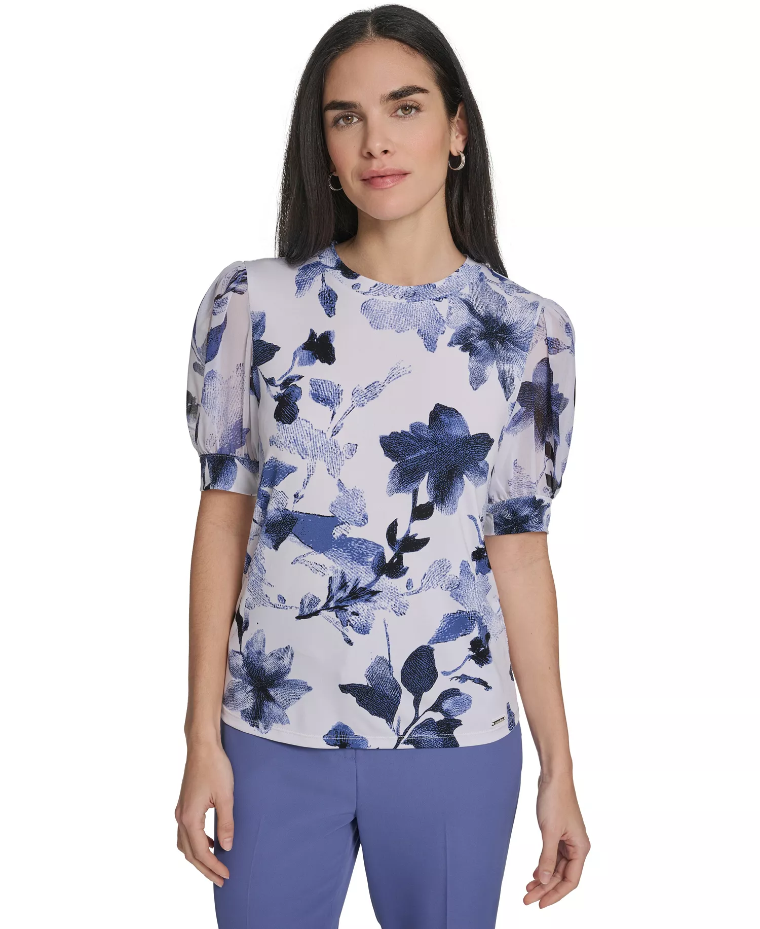 mni-71930549c44fb32f304db0351c4871e7 Women's Mixed Media Floral Short-Sleeve Top