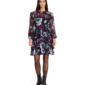 Women's Belted Boucle Long-Sleeve Dress