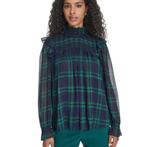 Women's Plaid Peasant Mock Neck Top