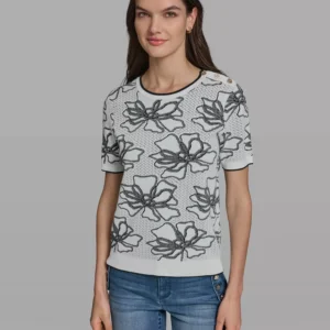 Women's Flower Print Short-Sleeve Sweater