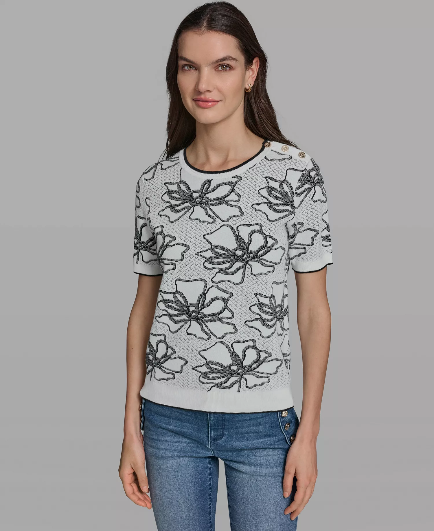 mni-756502af3eab9819c962117556236540 Women's Flower Print Short-Sleeve Sweater