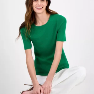 Women's Peak-Lapel One-Button Jacket, Fine-Rib Crewneck Sweater T-Shirt & Mid-Rise Wide-Leg-Pants
