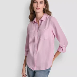 Women's Garment-Dye & Print Split-Back Button-Front Shirt
