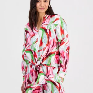 Petite Printed Long-Sleeve Tie-Front Blouse, Created for Macy's