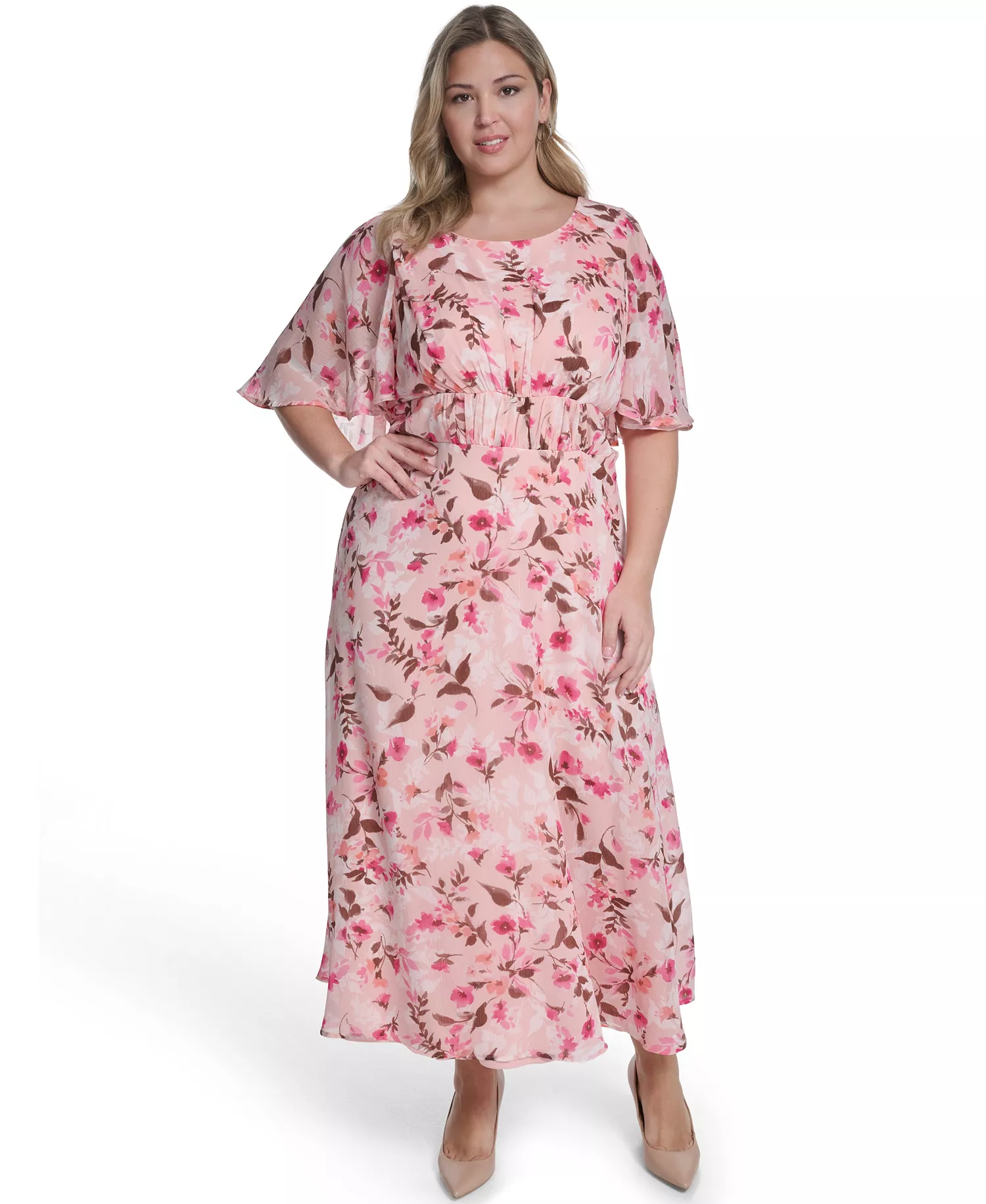 mni-7a83ca74ece64b037bd2f07ddf595bce Plus Size Smocked Waist Cape-Sleeve Dress