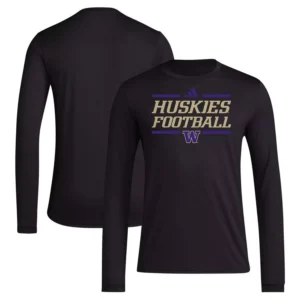 Men's Black Washington Huskies Locker Football Pre-Game AEROREADY Long Sleeve T-Shirt