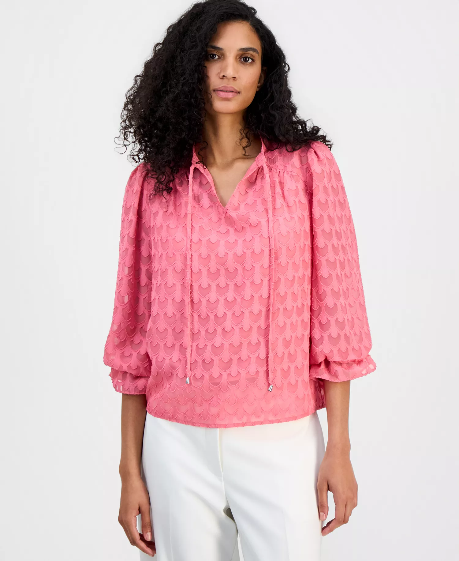 mni-7cc8fb40688a1ffb95c935ef2529be42 Women's Textured Tie-Neck Top