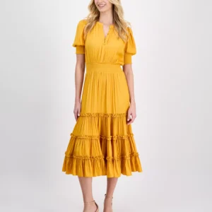 Women's Puff-Sleeve Tiered Midi Dress