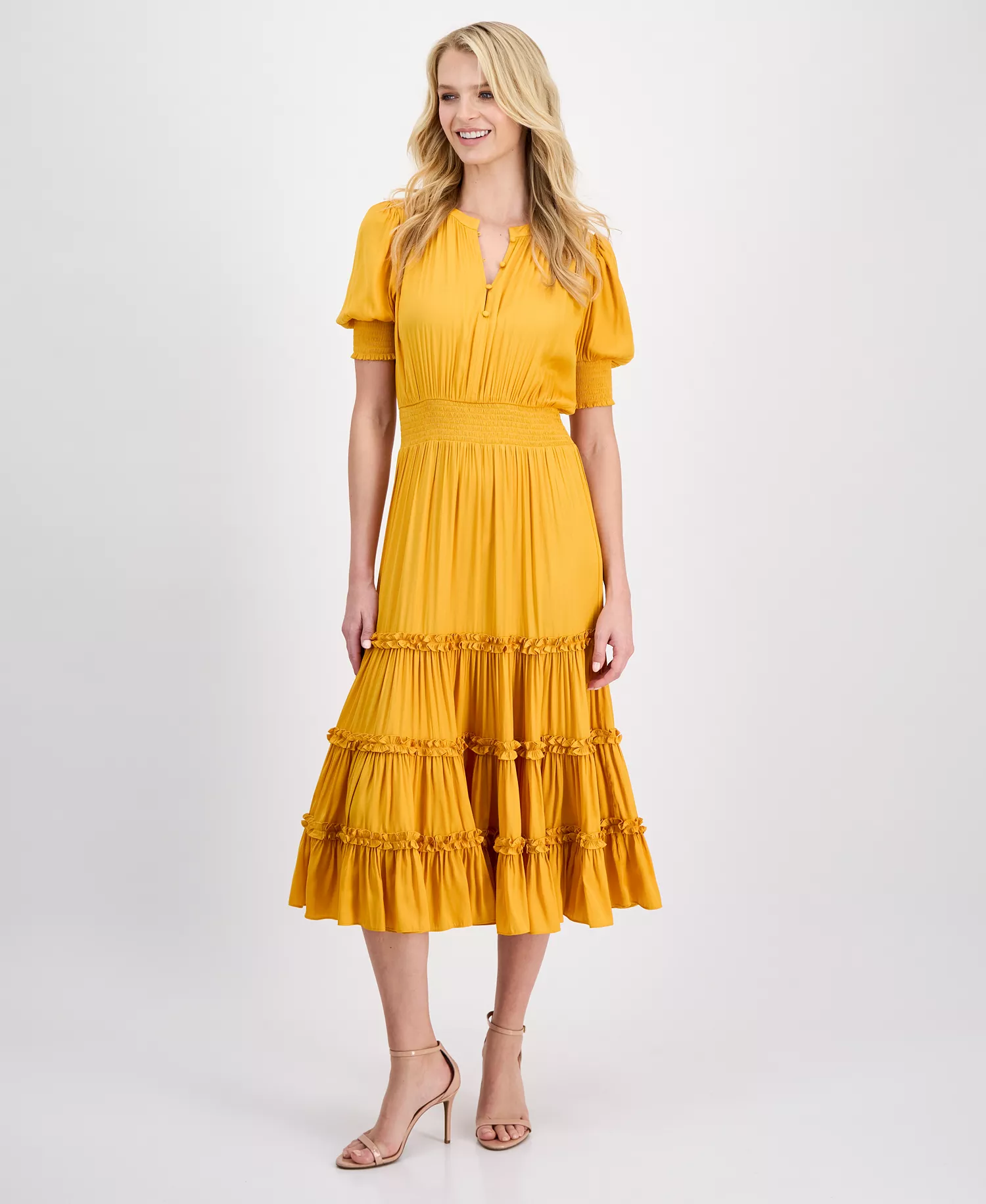 mni-7d2f4e45a8a7f07e072f485aaf8914f9 Women's Puff-Sleeve Tiered Midi Dress