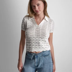 Petite Short-Sleeve V-Neck Polo Pointelle Sweater