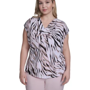 Plus Size Printed Cap Sleeve Cowl Neck Top