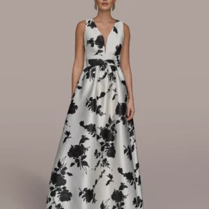 Women's Short-Sleeve V-Neck Floral Print Mikado Gown
