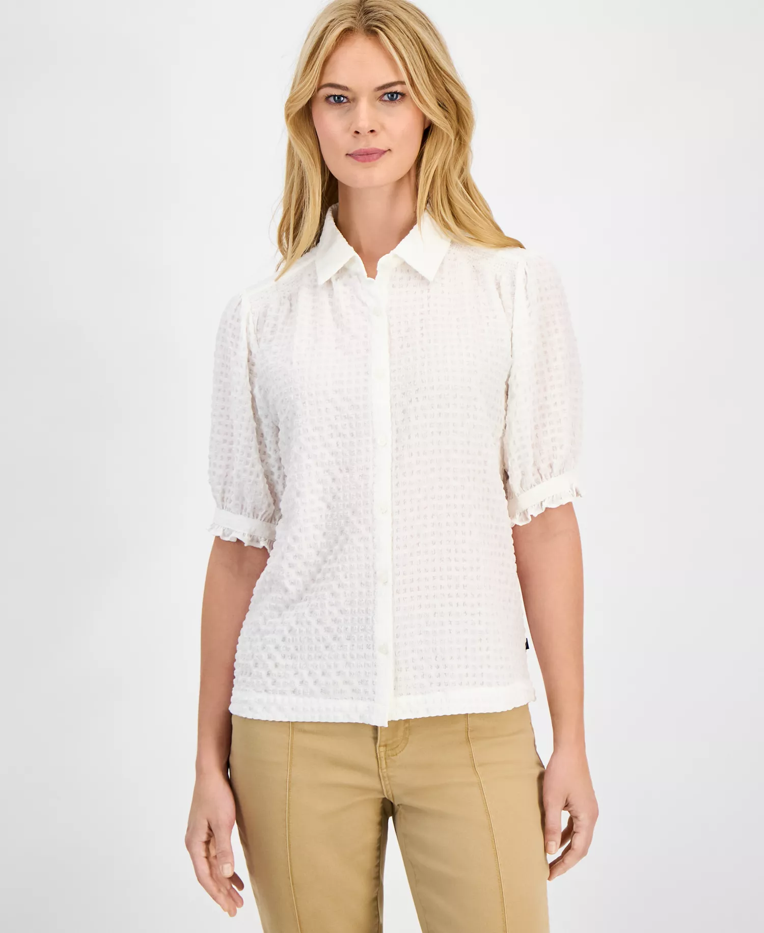 mni-7ed633dfa7380ae86e285bbd92ec2813 Women's Checked Short-Sleeve Smocked Blouse