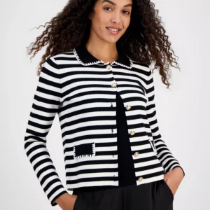 Women's Striped Collared Button Cardigan Sweater