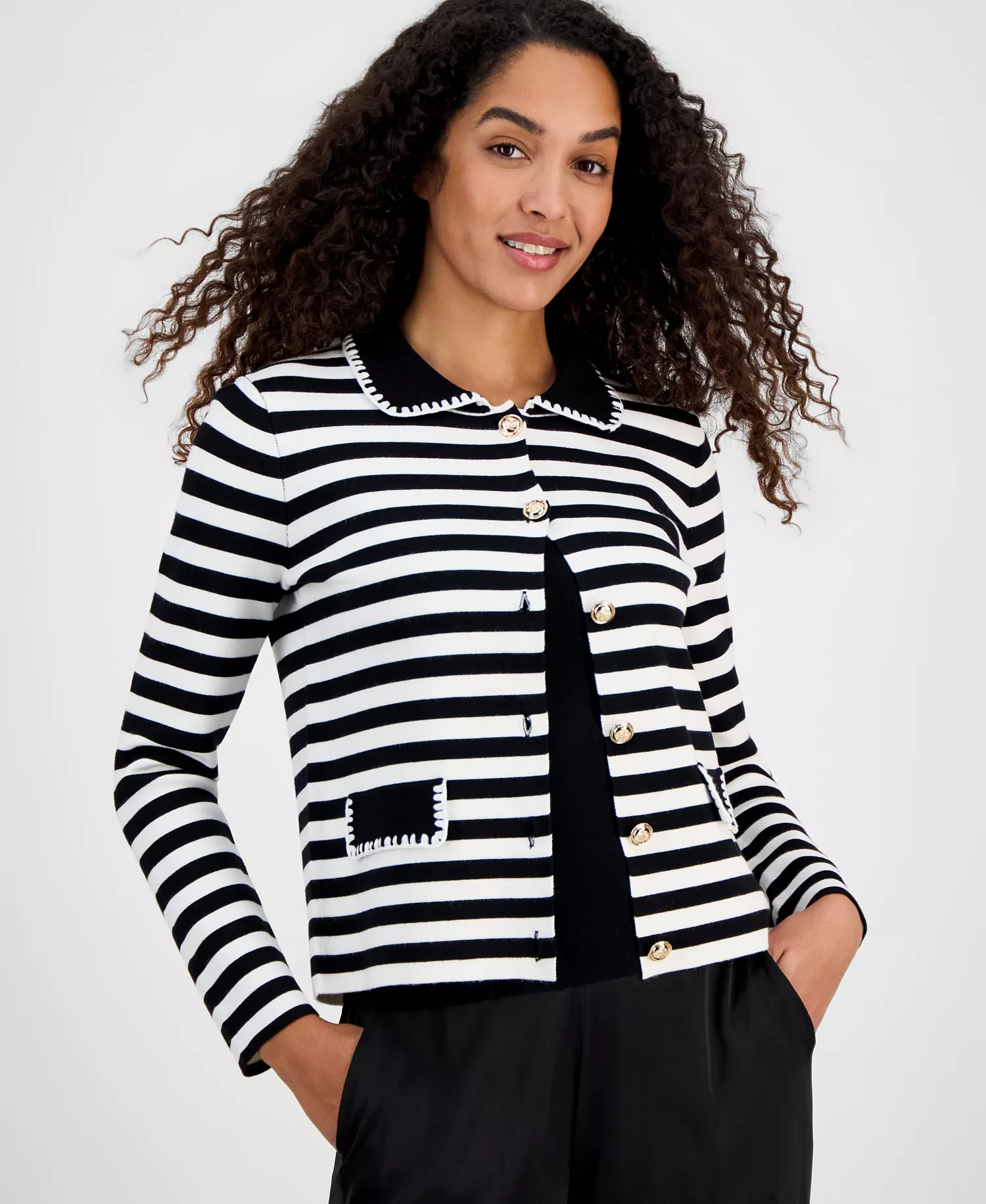 mni-7f191929ce5e143aceef3049372a01db Women's Striped Collared Button Cardigan Sweater