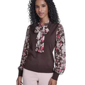 Women's Mixed Media Tie Neck Sweater