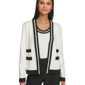 Women's Open-Front Long-Sleeve Knit Cardigan with Contrast Trim