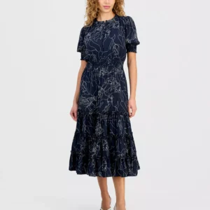 Women's Floral-Print Smocked-Waist Elbow-Sleeve Dress