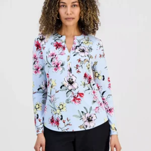 Petite Floral-Print Henley Top, Macy's Exclusive