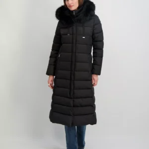 Womens Maxi Shine Bibbed Faux-Fur-Trimmed Hooded Puffer Coat