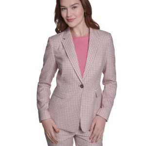 Women's Plaid Notch Collar Slim Fit Blazer, Slim Fit Plaid Pants, and Collared Tipped Polo Sweater