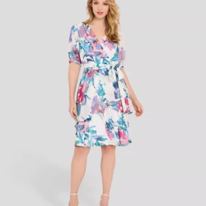 Women's Faux Wrap Printed Ruffle Hem V-Neck Dress